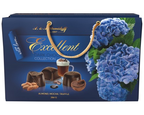 Шоколадные конфеты А.& А.Demidoff в темном шоколаде с начинками мокко,трюфельный крем,миндальный крем в подарочной сумочке 284гр