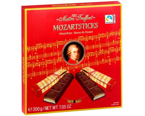 Набор шоколадных конфет Maitre Truffout Mozartbars в темном шоколаде с марципаном и фисташками 200гр