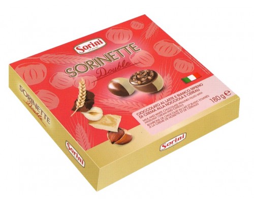 Шоколадные конфеты Sorini "Дабл Бокс" пралине из молочного  и белого шоколада с нач. из орех. крема и злаков 180гр